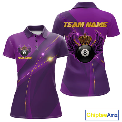 Purple & Gold Crown Billiard 8 Ball Wings Billiard Shirts For Women Custom Billiard Pool Team Outfits NYN4057