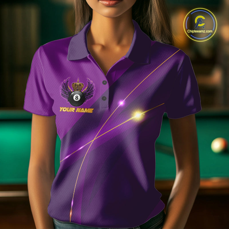 Purple & Gold Crown Billiard 8 Ball Wings Billiard Shirts For Women Custom Billiard Pool Team Outfits NYN4057