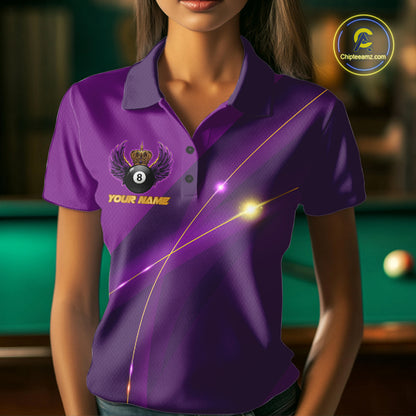 Purple & Gold Crown Billiard 8 Ball Wings Billiard Shirts For Women Custom Billiard Pool Team Outfits NYN4057