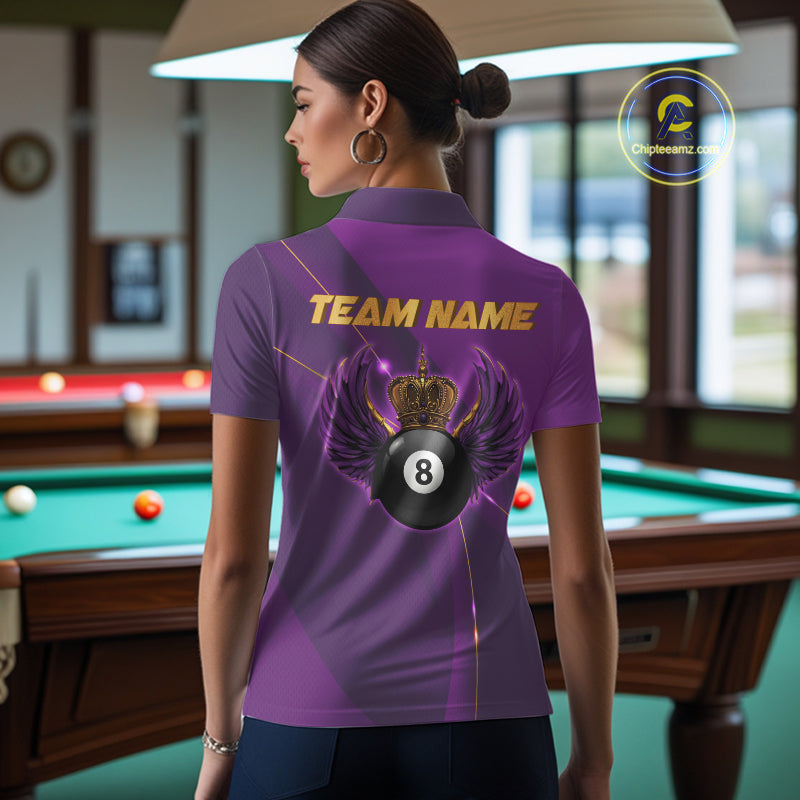 Purple & Gold Crown Billiard 8 Ball Wings Billiard Shirts For Women Custom Billiard Pool Team Outfits NYN4057