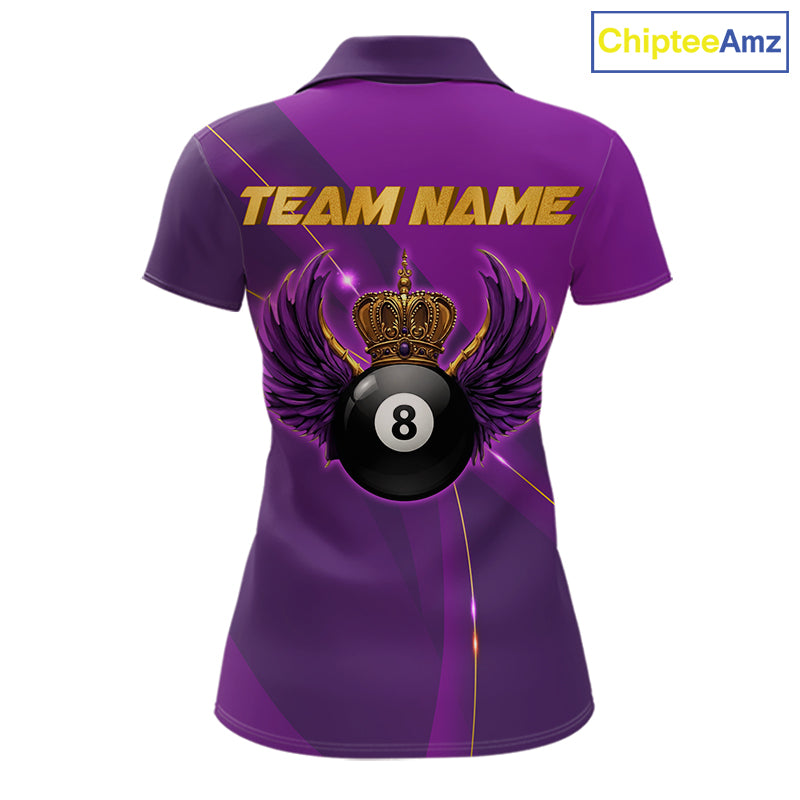 Purple & Gold Crown Billiard 8 Ball Wings Billiard Shirts For Women Custom Billiard Pool Team Outfits NYN4057
