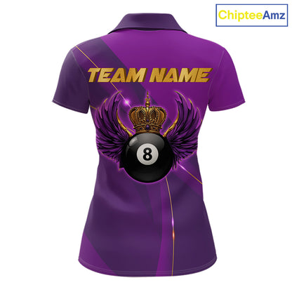Purple & Gold Crown Billiard 8 Ball Wings Billiard Shirts For Women Custom Billiard Pool Team Outfits NYN4057