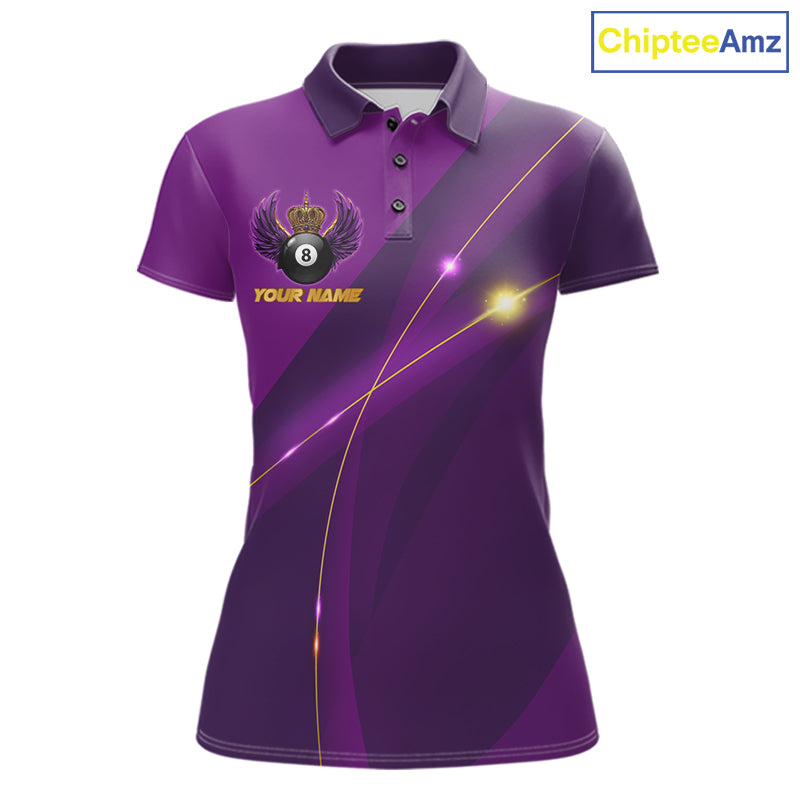 Purple & Gold Crown Billiard 8 Ball Wings Billiard Shirts For Women Custom Billiard Pool Team Outfits NYN4057