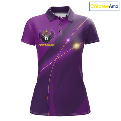 Purple & Gold Crown Billiard 8 Ball Wings Billiard Shirts For Women Custom Billiard Pool Team Outfits NYN4057