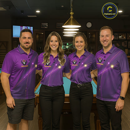 Purple & Gold Crown Billiard 8 Ball Wings Billiard Shirts For Men Custom Billiard Pool Team Outfits NYN4057