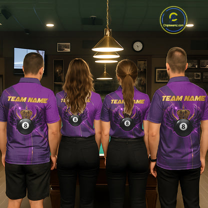 Purple & Gold Crown Billiard 8 Ball Wings Billiard Shirts For Men Custom Billiard Pool Team Outfits NYN4057