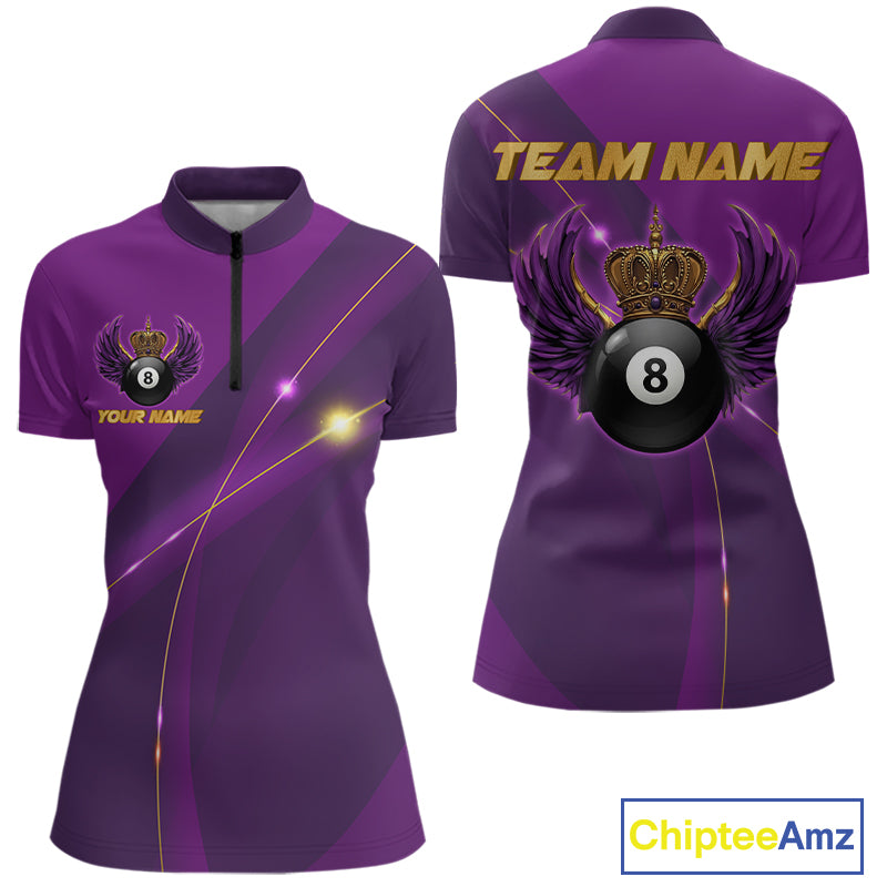 Purple & Gold Crown Billiard 8 Ball Wings Billiard Shirts For Women Custom Billiard Pool Team Outfits NYN4057