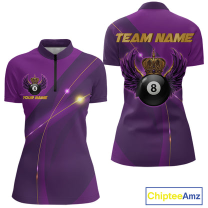 Purple & Gold Crown Billiard 8 Ball Wings Billiard Shirts For Women Custom Billiard Pool Team Outfits NYN4057