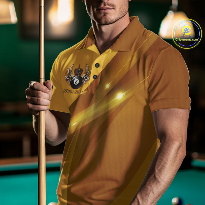 Yellow & Gold Crown Billiard 8 Ball Wings Billiard Shirts For Men Custom Billiard Pool Team Outfits NYN4058