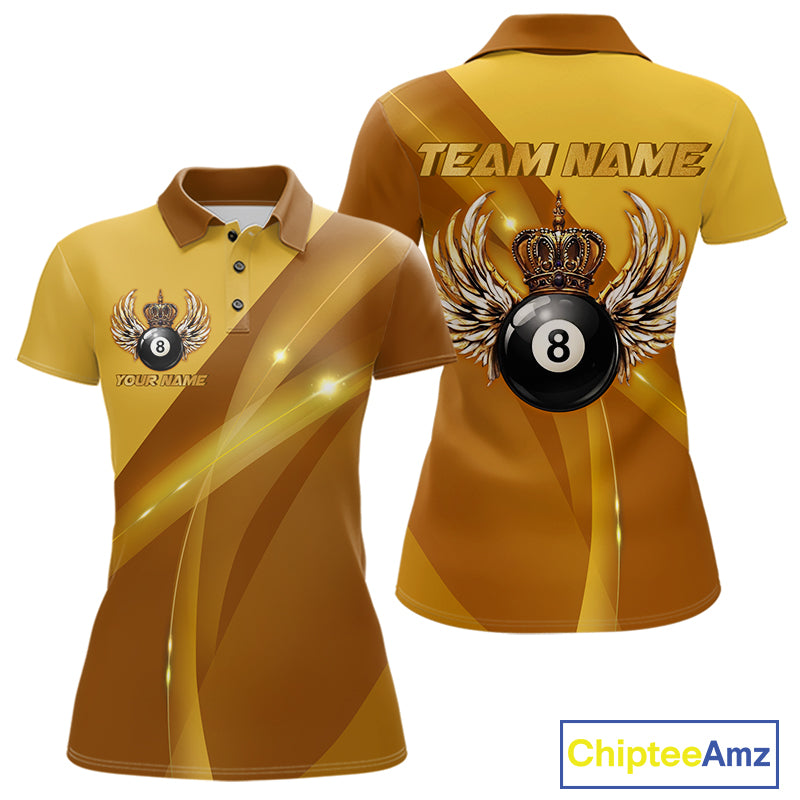 Yellow & Gold Crown Billiard 8 Ball Wings Billiard Shirts For Women Custom Billiard Pool Team Outfits NYN4058