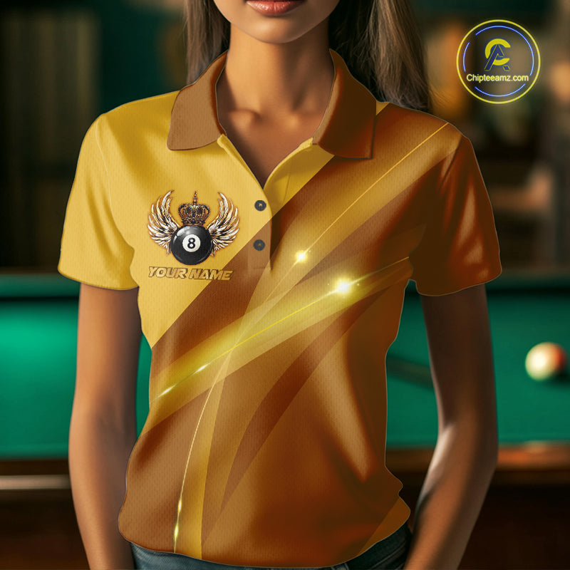 Yellow & Gold Crown Billiard 8 Ball Wings Billiard Shirts For Women Custom Billiard Pool Team Outfits NYN4058