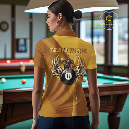 Yellow & Gold Crown Billiard 8 Ball Wings Billiard Shirts For Women Custom Billiard Pool Team Outfits NYN4058