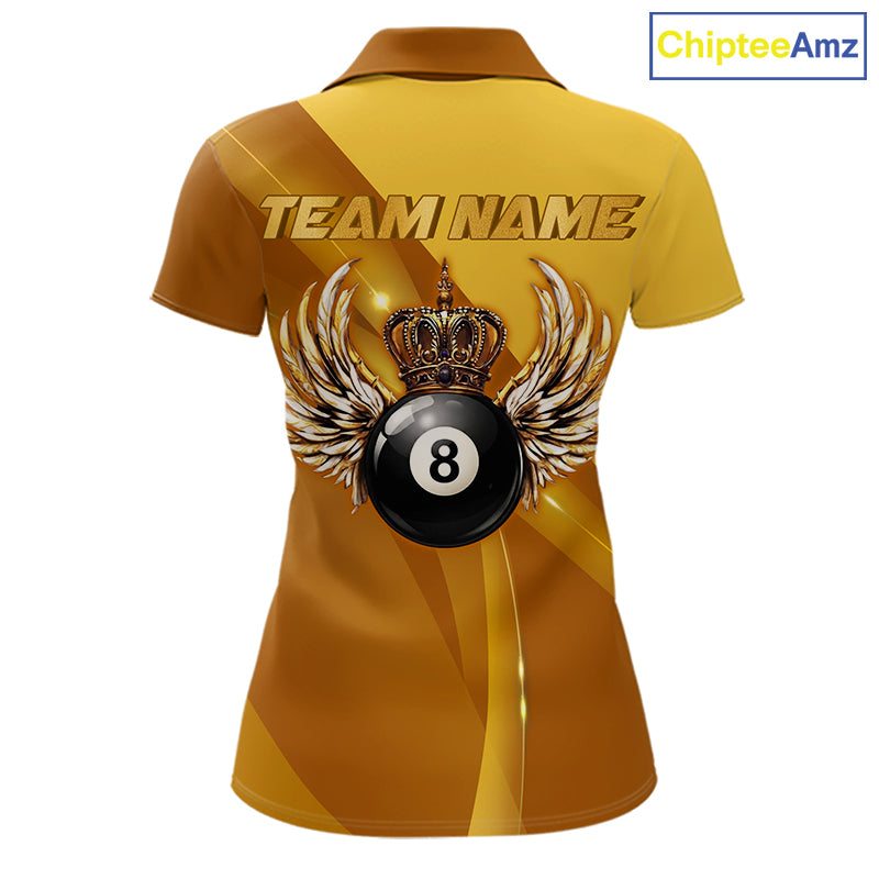 Yellow & Gold Crown Billiard 8 Ball Wings Billiard Shirts For Women Custom Billiard Pool Team Outfits NYN4058