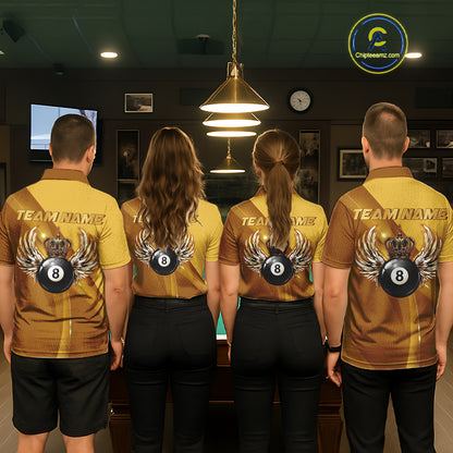 Yellow & Gold Crown Billiard 8 Ball Wings Billiard Shirts For Men Custom Billiard Pool Team Outfits NYN4058