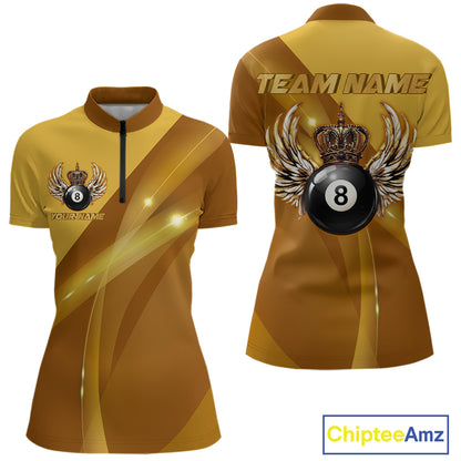 Yellow & Gold Crown Billiard 8 Ball Wings Billiard Shirts For Women Custom Billiard Pool Team Outfits NYN4058