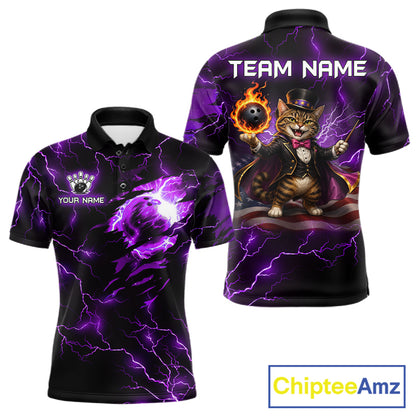 Magician Cat Flame Bowling Ball Funny Bowling Shirt For Men Custom Purple Thunder Bowling Team Jersey NYN4059