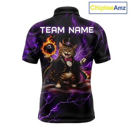 Magician Cat Flame Bowling Ball Funny Bowling Shirt For Men Custom Purple Thunder Bowling Team Jersey NYN4059