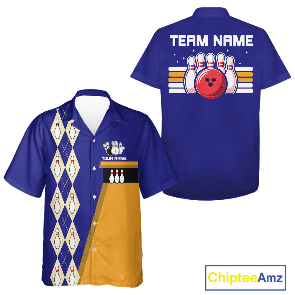 Multi-Color Retro Bowling Hawaiian Shirt Custom Argyle Jersey Vintage Bowling Button Down Shirt NYN4404