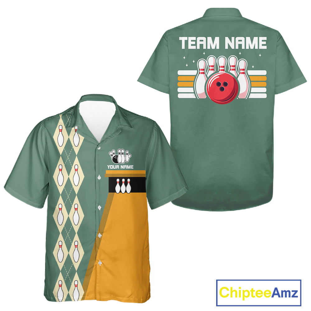 Multi-Color Retro Bowling Hawaiian Shirt Custom Argyle Jersey Vintage Bowling Button Down Shirt NYN4404