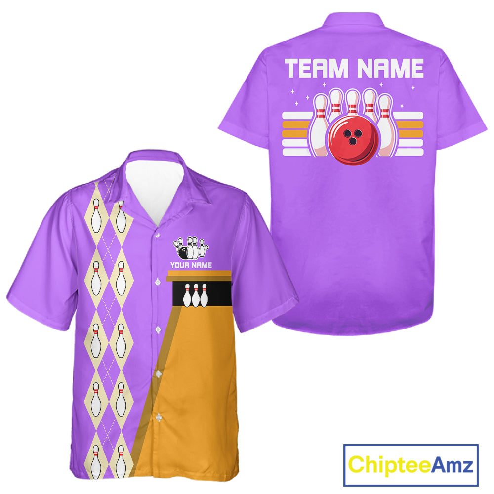 Multi-Color Retro Bowling Hawaiian Shirt Custom Argyle Jersey Vintage Bowling Button Down Shirt NYN4404