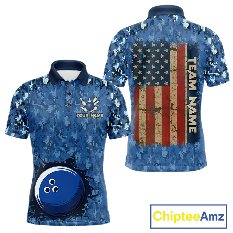 Custom Bowling Polo 1/4-Zip Shirt For Men Patriotic USA Flag & Blue Camo Bowler Team Jersey NYN4406