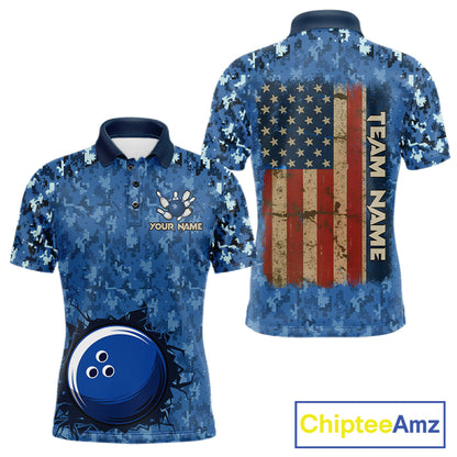 Custom Bowling Polo 1/4-Zip Shirt For Men Patriotic USA Flag & Blue Camo Bowler Team Jersey NYN4406