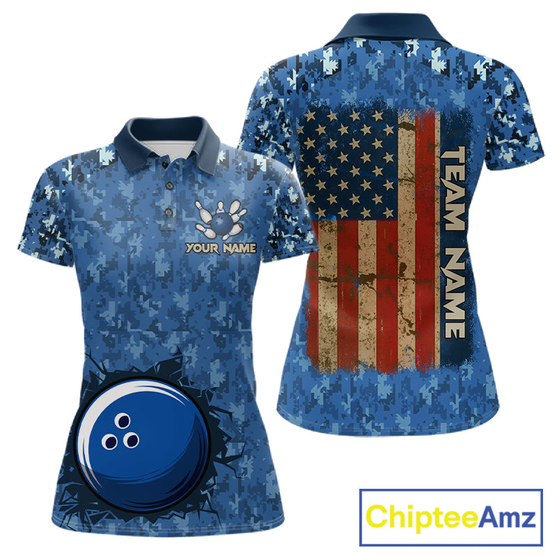 Custom Bowling Polo 1/4-Zip Shirt For Women Patriotic USA Flag & Blue Camo Bowler Team Jersey NYN4406