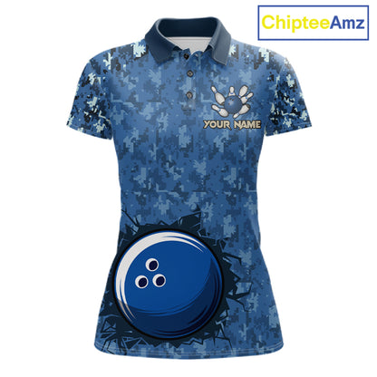 Custom Bowling Polo 1/4-Zip Shirt For Women Patriotic USA Flag & Blue Camo Bowler Team Jersey NYN4406