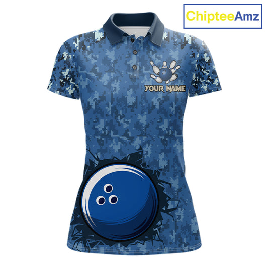 Custom Bowling Polo 1/4-Zip Shirt For Women Patriotic USA Flag & Blue Camo Bowler Team Jersey NYN4406