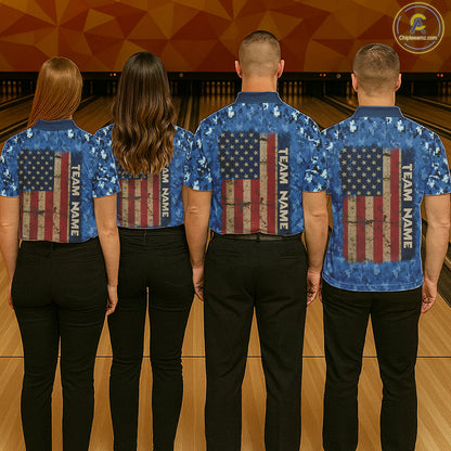Custom Bowling Polo 1/4-Zip Shirt For Women Patriotic USA Flag & Blue Camo Bowler Team Jersey NYN4406