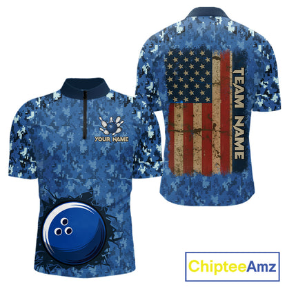Custom Bowling Polo 1/4-Zip Shirt For Men Patriotic USA Flag & Blue Camo Bowler Team Jersey NYN4406