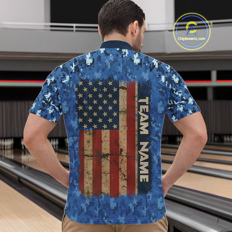 Custom Bowling Polo 1/4-Zip Shirt For Men Patriotic USA Flag & Blue Camo Bowler Team Jersey NYN4406