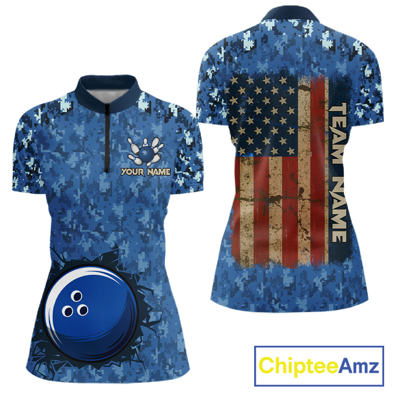 Custom Bowling Polo 1/4-Zip Shirt For Women Patriotic USA Flag & Blue Camo Bowler Team Jersey NYN4406