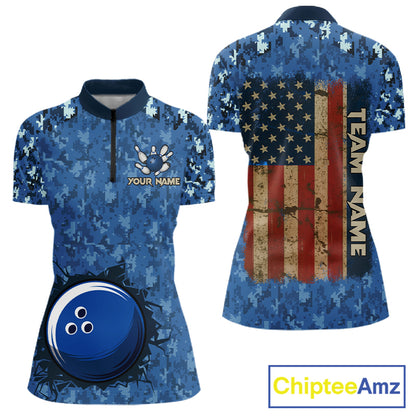 Custom Bowling Polo 1/4-Zip Shirt For Women Patriotic USA Flag & Blue Camo Bowler Team Jersey NYN4406