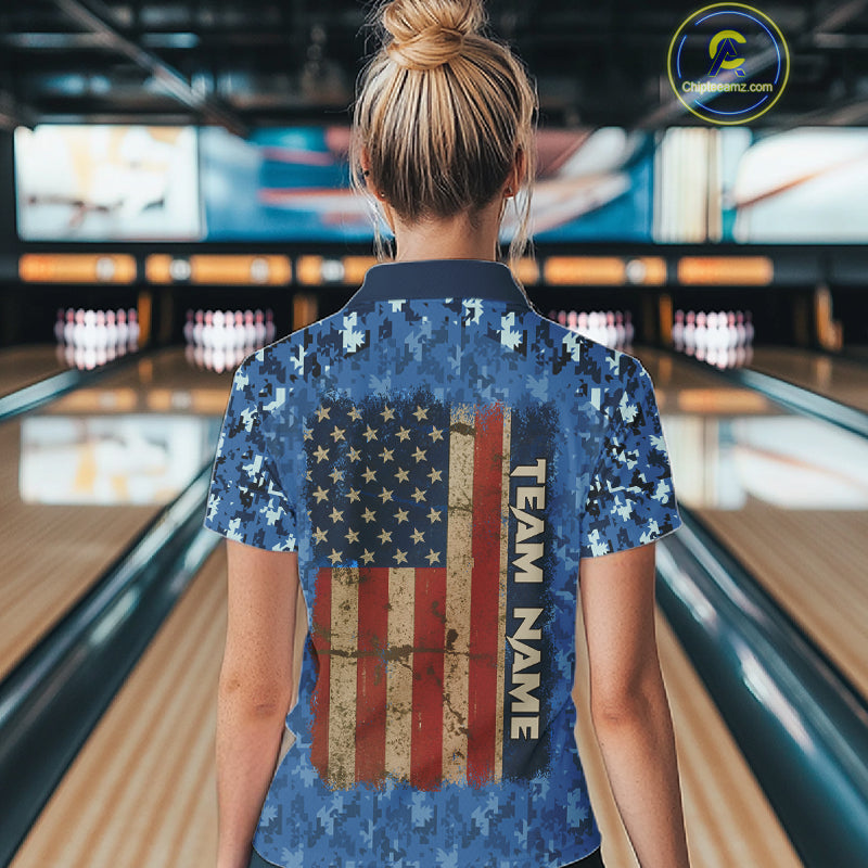 Custom Bowling Polo 1/4-Zip Shirt For Women Patriotic USA Flag & Blue Camo Bowler Team Jersey NYN4406