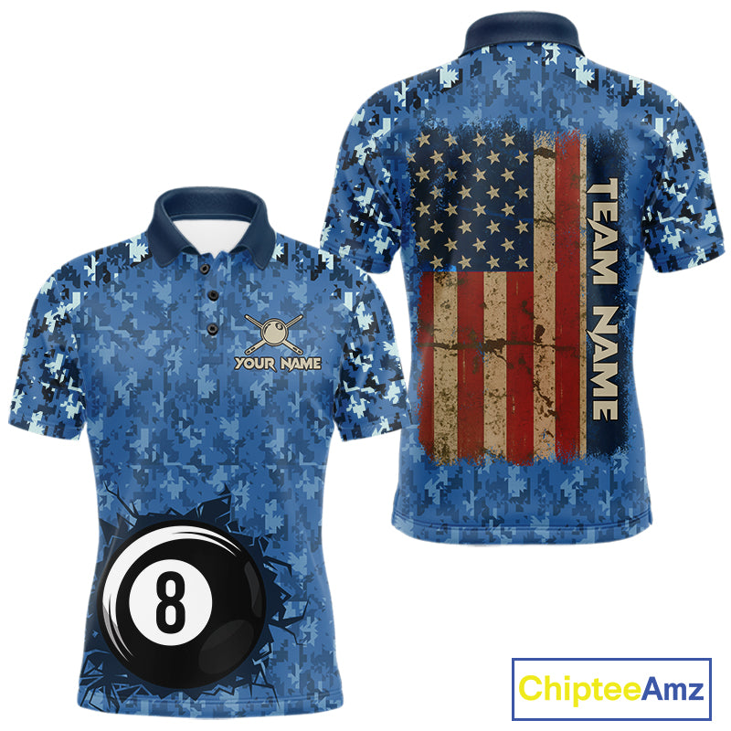 USA Flag 8 Ball Billiards Team Shirt Personalized Blue Camo Patriotic Pool Polo Jersey For Men NYN4407