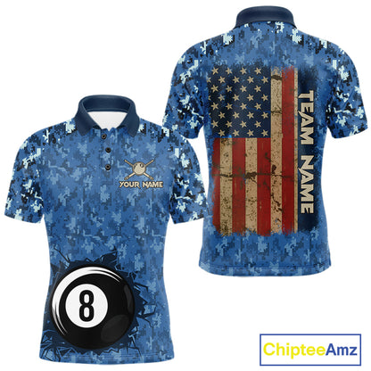 USA Flag 8 Ball Billiards Team Shirt Personalized Blue Camo Patriotic Pool Polo Jersey For Men NYN4407
