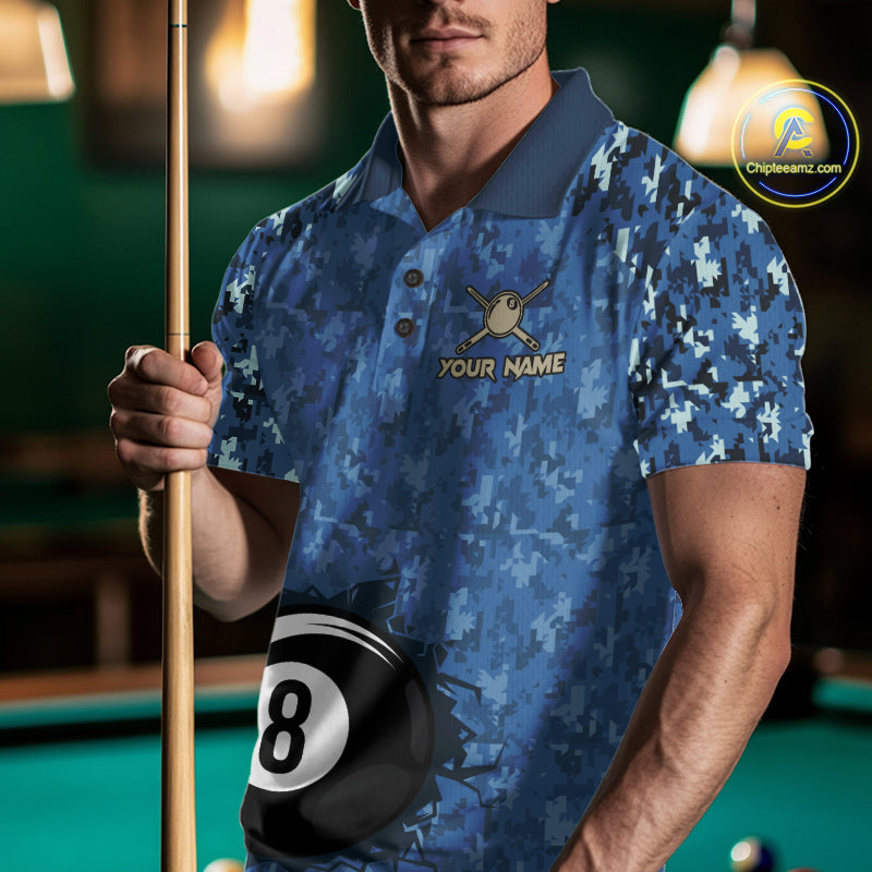USA Flag 8 Ball Billiards Team Shirt Personalized Blue Camo Patriotic Pool Polo Jersey For Men NYN4407