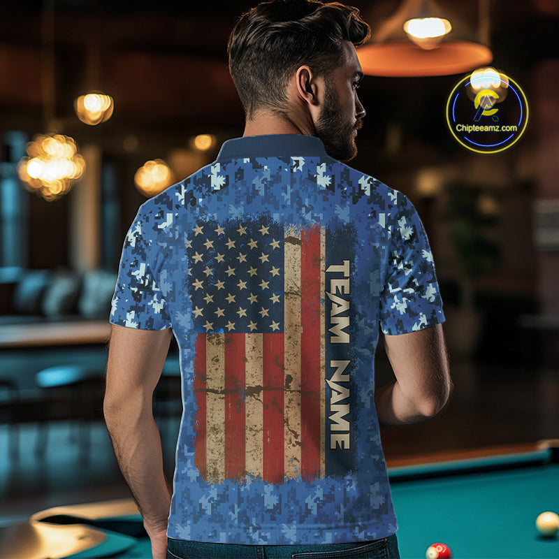 USA Flag 8 Ball Billiards Team Shirt Personalized Blue Camo Patriotic Pool Polo Jersey For Men NYN4407
