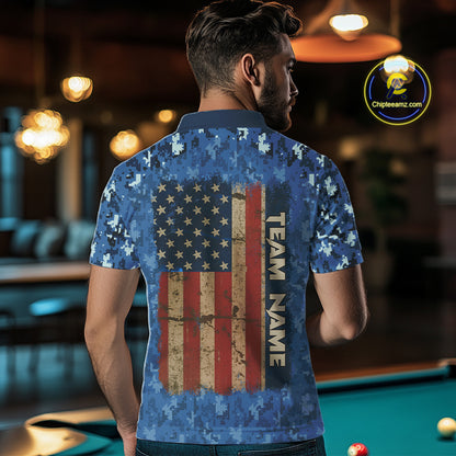 USA Flag 8 Ball Billiards Team Shirt Personalized Blue Camo Patriotic Pool Polo Jersey For Men NYN4407