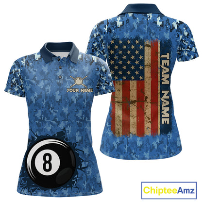 USA Flag 8 Ball Billiards Team Shirt Personalized Blue Camo Patriotic Pool Polo Jersey For Women NYN4407