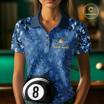 USA Flag 8 Ball Billiards Team Shirt Personalized Blue Camo Patriotic Pool Polo Jersey For Women NYN4407