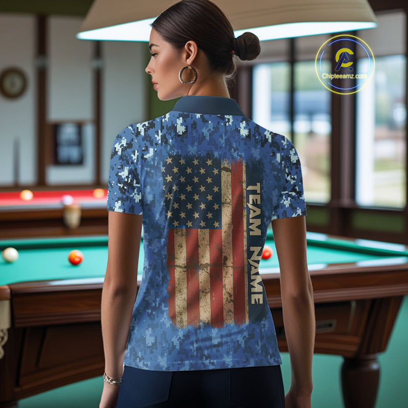 USA Flag 8 Ball Billiards Team Shirt Personalized Blue Camo Patriotic Pool Polo Jersey For Women NYN4407