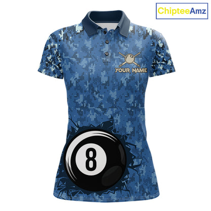 USA Flag 8 Ball Billiards Team Shirt Personalized Blue Camo Patriotic Pool Polo Jersey For Women NYN4407