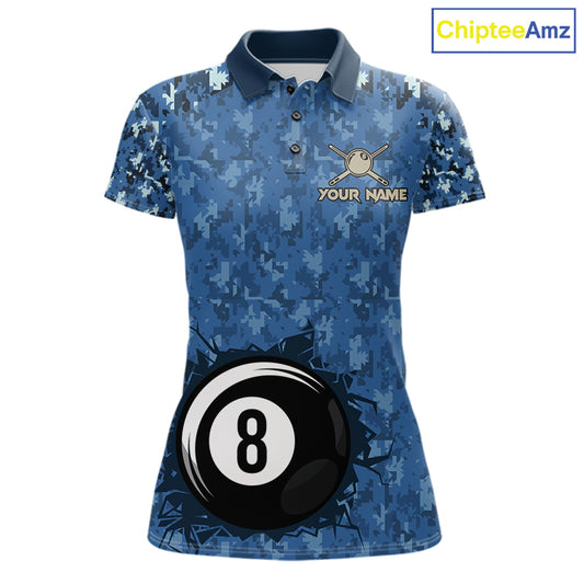 USA Flag 8 Ball Billiards Team Shirt Personalized Blue Camo Patriotic Pool Polo Jersey For Women NYN4407