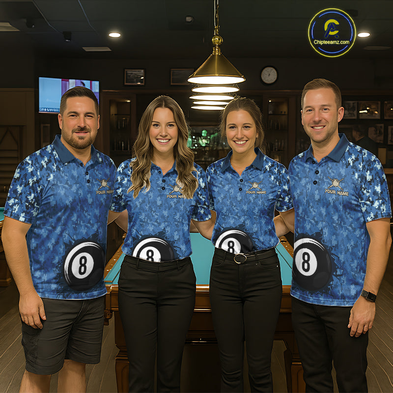 USA Flag 8 Ball Billiards Team Shirt Personalized Blue Camo Patriotic Pool Polo Jersey For Men NYN4407