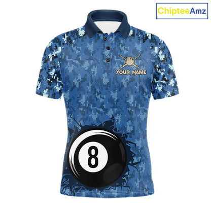 USA Flag 8 Ball Billiards Team Shirt Personalized Blue Camo Patriotic Pool Polo Jersey For Men NYN4407