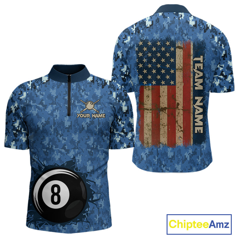 USA Flag 8 Ball Billiards Team Shirt Personalized Blue Camo Patriotic Pool Polo Jersey For Men NYN4407
