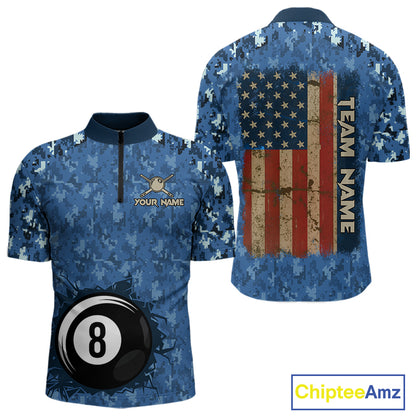 USA Flag 8 Ball Billiards Team Shirt Personalized Blue Camo Patriotic Pool Polo Jersey For Men NYN4407