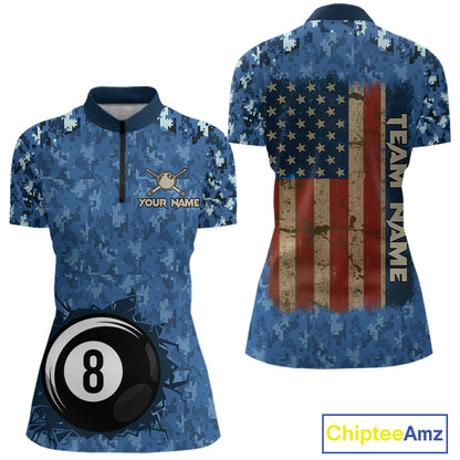 USA Flag 8 Ball Billiards Team Shirt Personalized Blue Camo Patriotic Pool Polo Jersey For Women NYN4407
